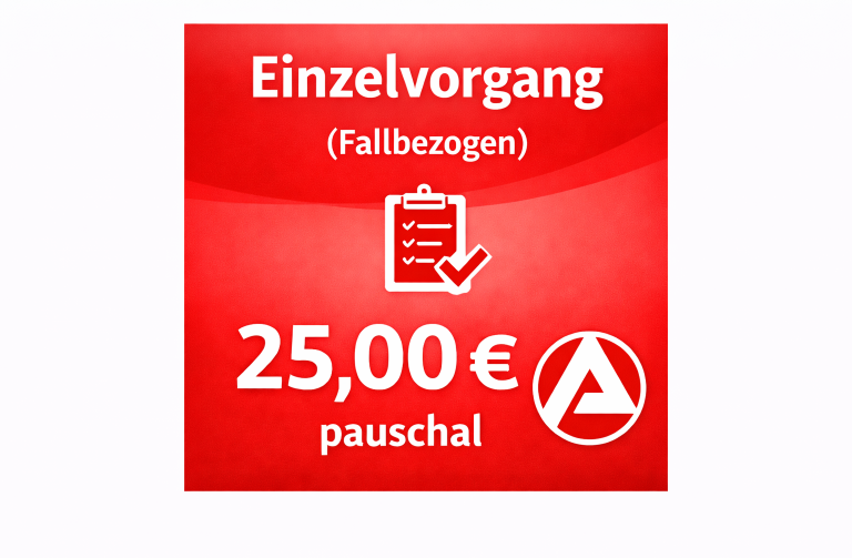 Einzelvorgang für 25,00 € pauschal, mit Ticketsymbol und Checkliste.